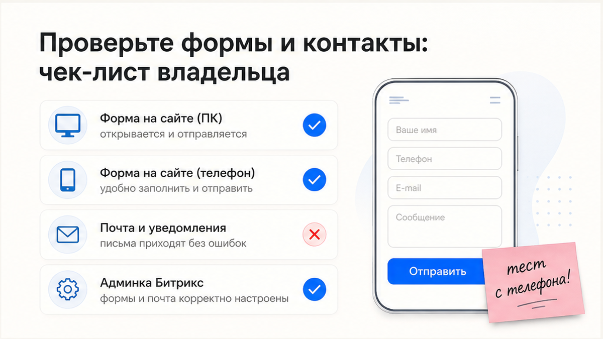 Чек-лист проверки формы на сайте: ПК, телефон, почта, админка Битрикс