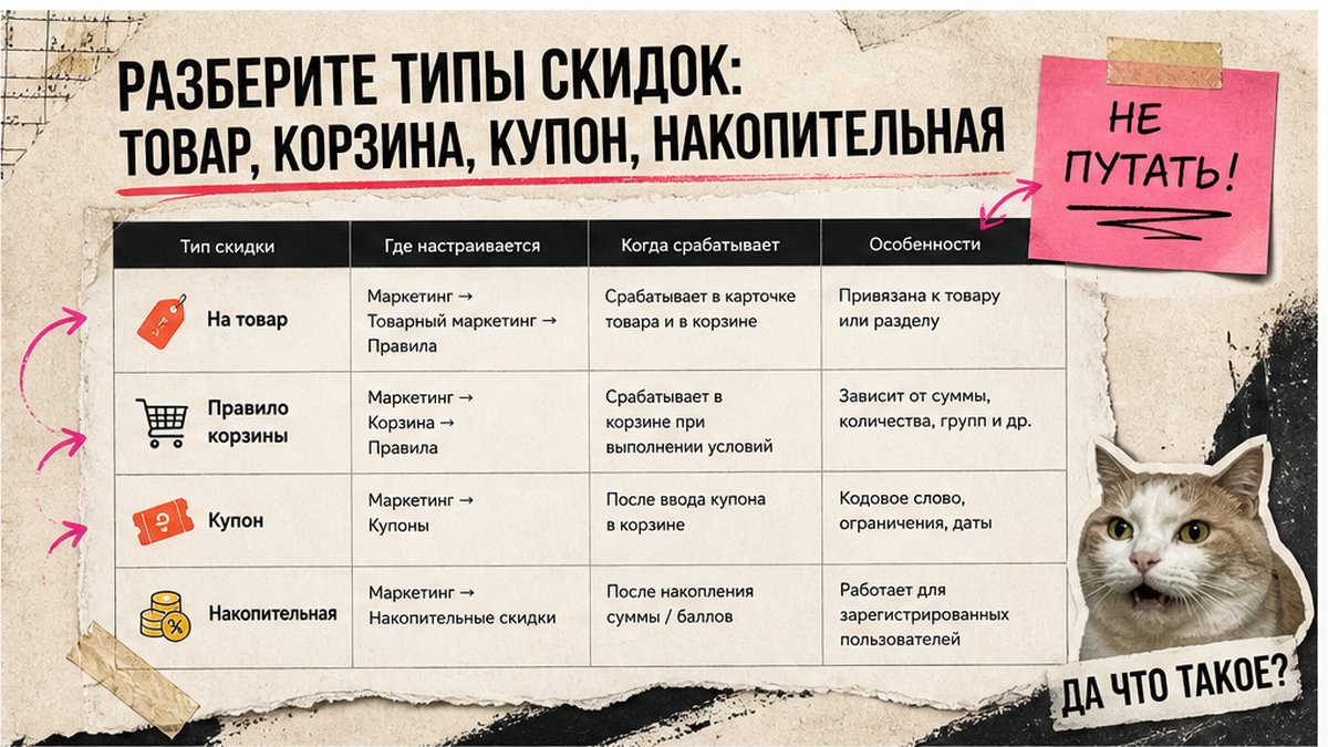 Таблица типов скидок 1С-Битрикс: товар, корзина, купон, накопительная