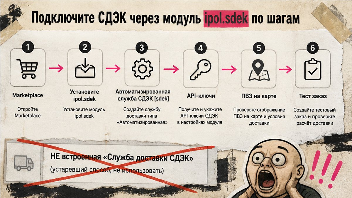 Пошаговая схема подключения СДЭК через модуль ipol.sdek на Битрикс