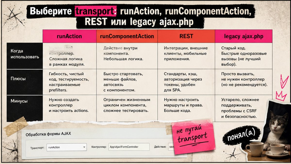 Сравнение transport AJAX в Битрикс: runAction, runComponentAction, REST и legacy ajax.php