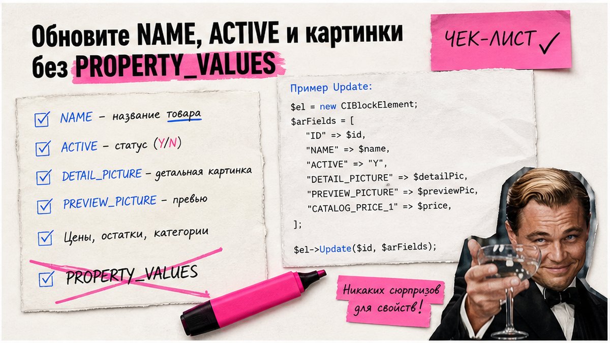 Безопасный update NAME и ACTIVE без property_values битрикс