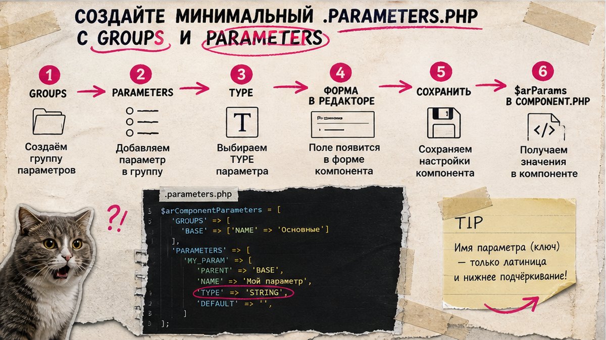 Схема workflow: от GROUPS/PARAMETERS до $arParams