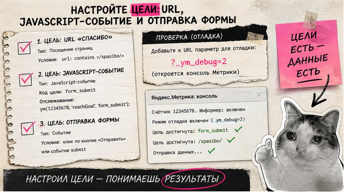 Чеклист настройки целей reachGoal и проверки через debug-панель Метрики
