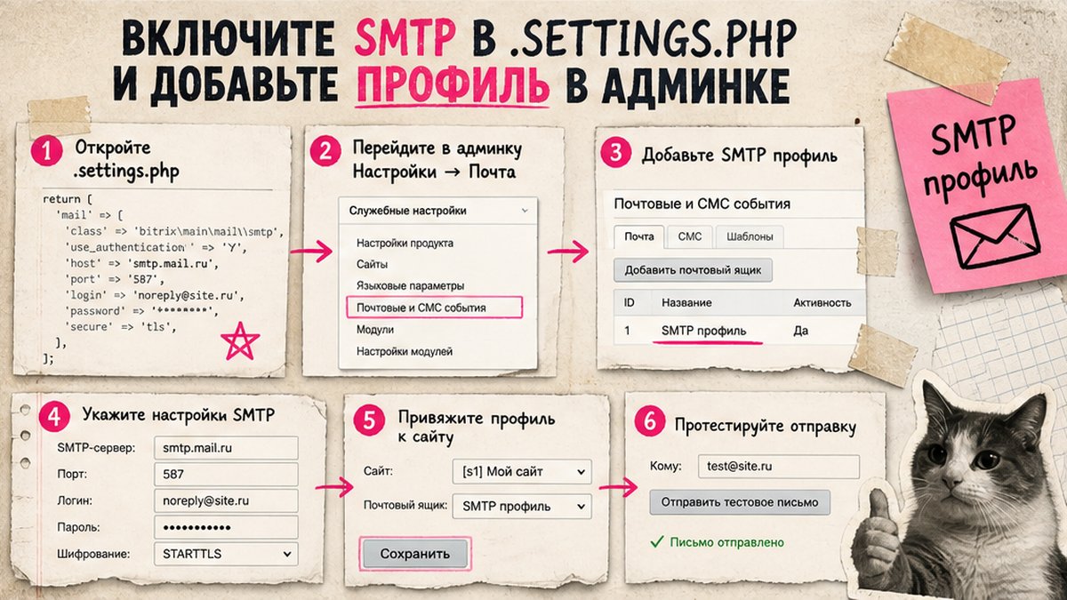 Схема: включить SMTP в .settings.php и профиль в админке Битрикс