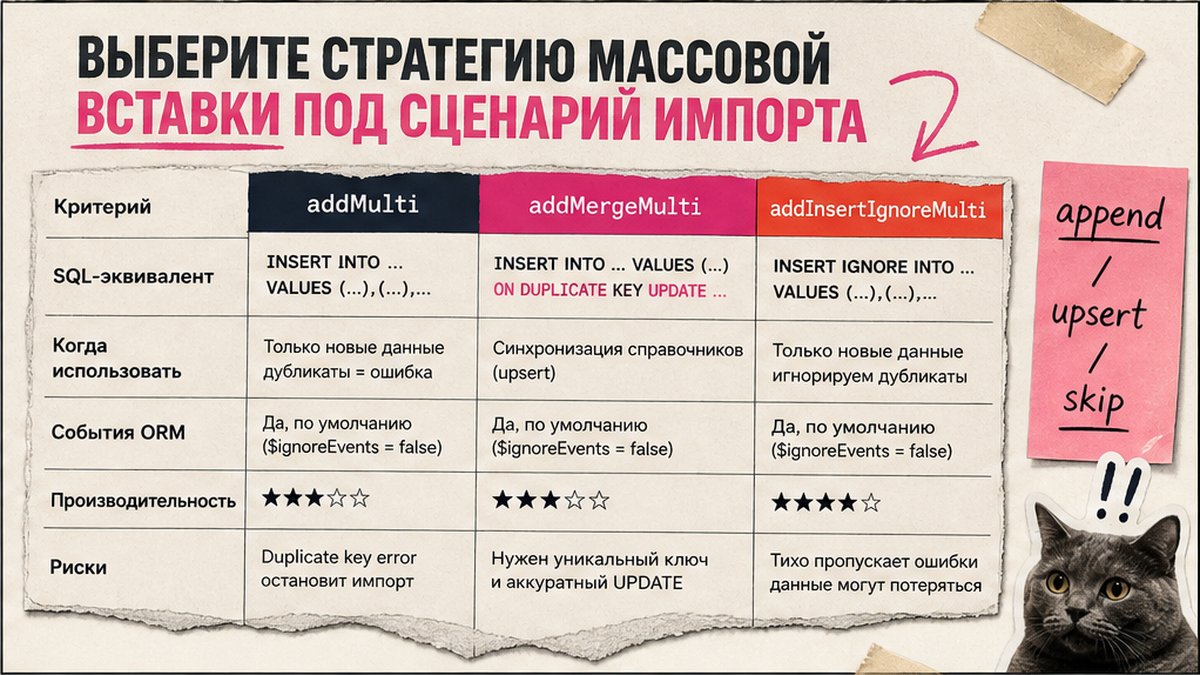 Сравнительная таблица трёх стратегий массовой вставки D7 ORM: addMulti, addMergeMulti, addInsertIgnoreMulti