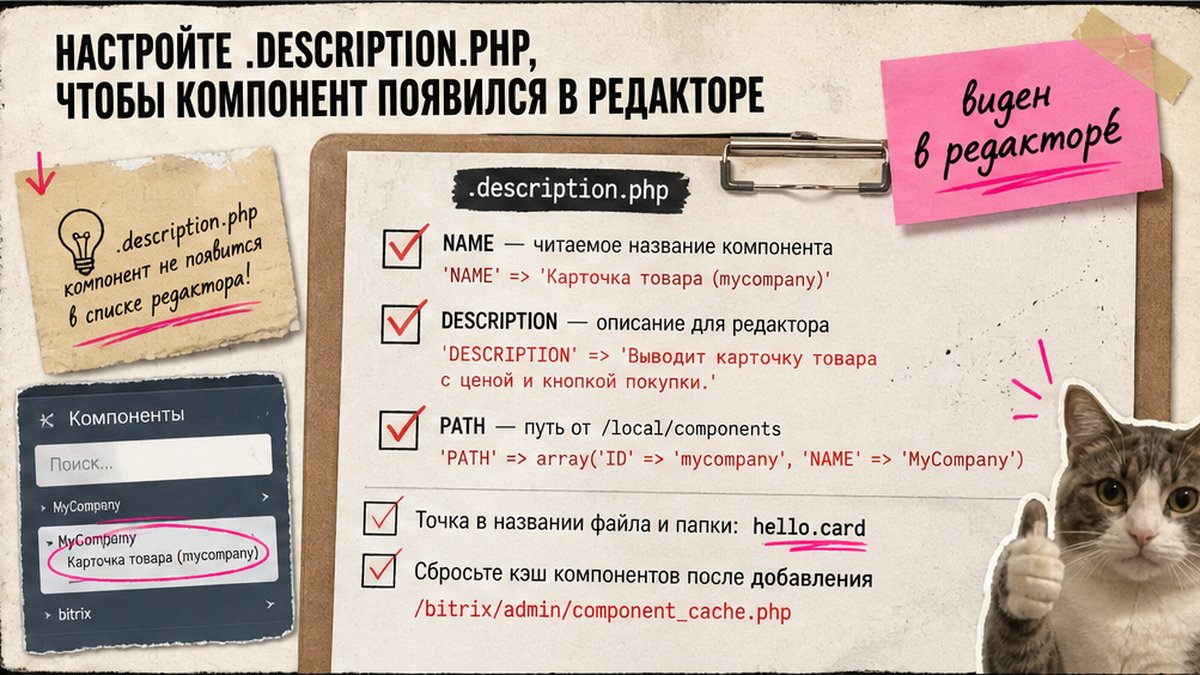 Чеклист настройки .description.php для появления компонента в визуальном редакторе