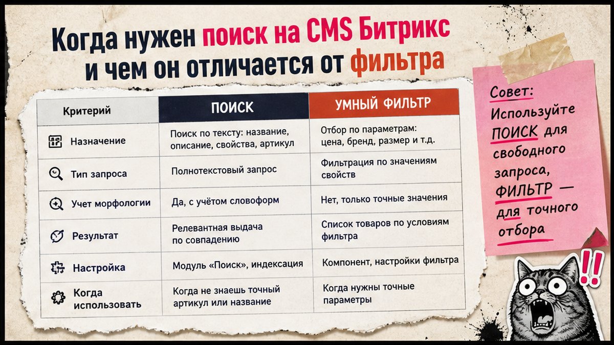 Таблица сравнения: модуль Поиск CMS Битрикс против умного фильтра каталога