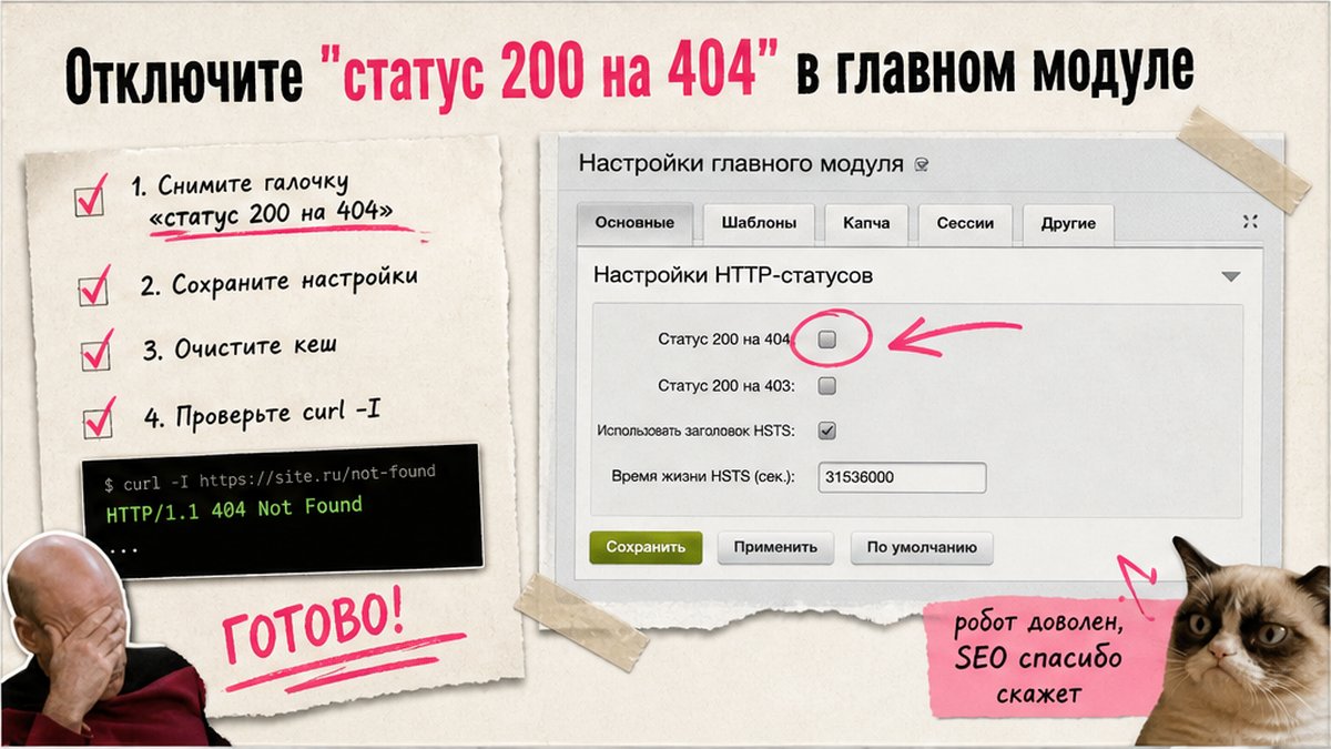 Чеклист отключения опции «статус 200 на 404» в главном модуле Битрикс