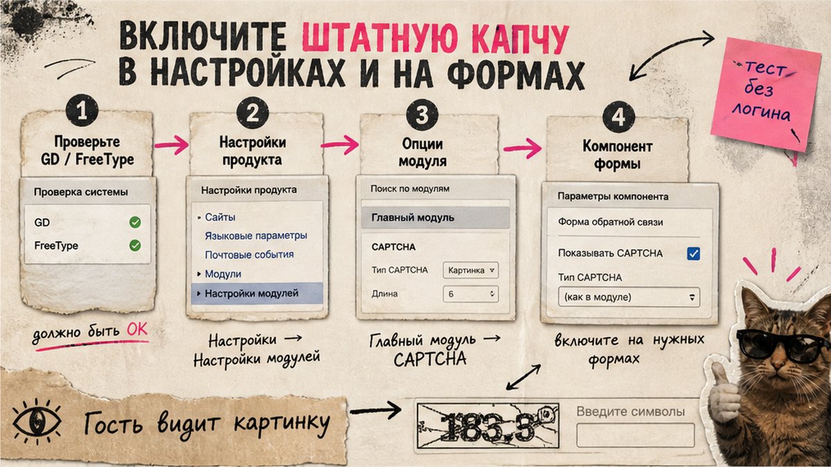 Схема включения штатной капчи Битрикс: настройки и формы