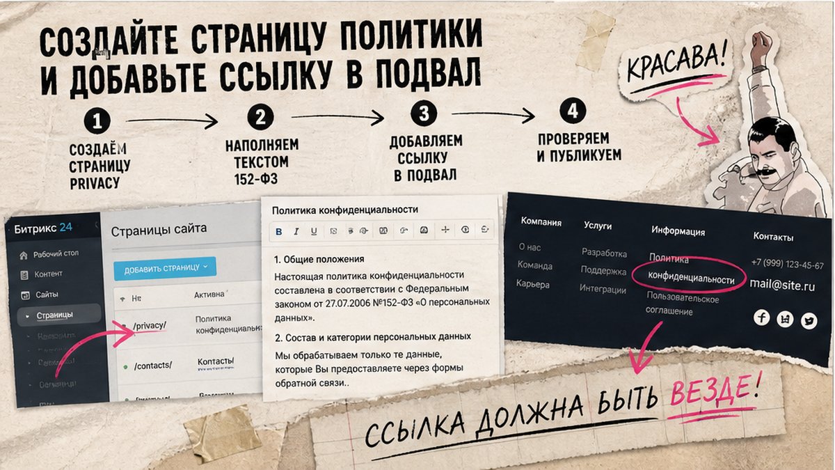 Схема: создание страницы политики и ссылка в подвале сайта на Битрикс