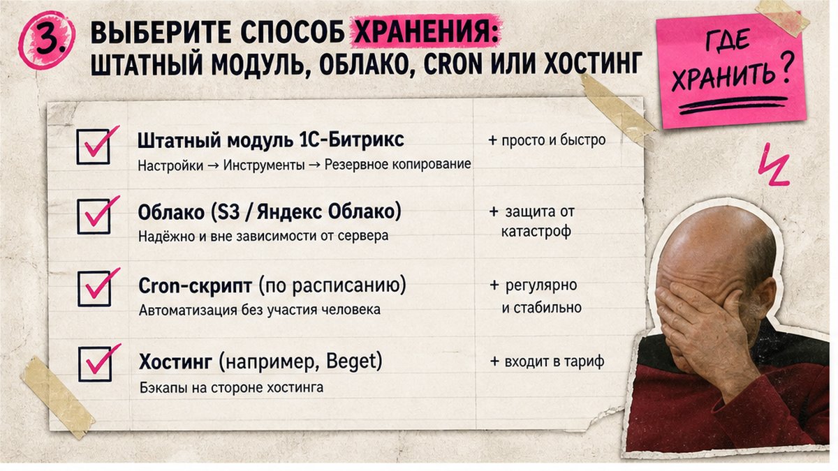 Чеклист способов хранения бэкапа Bitrix: модуль, облако, cron, хостинг