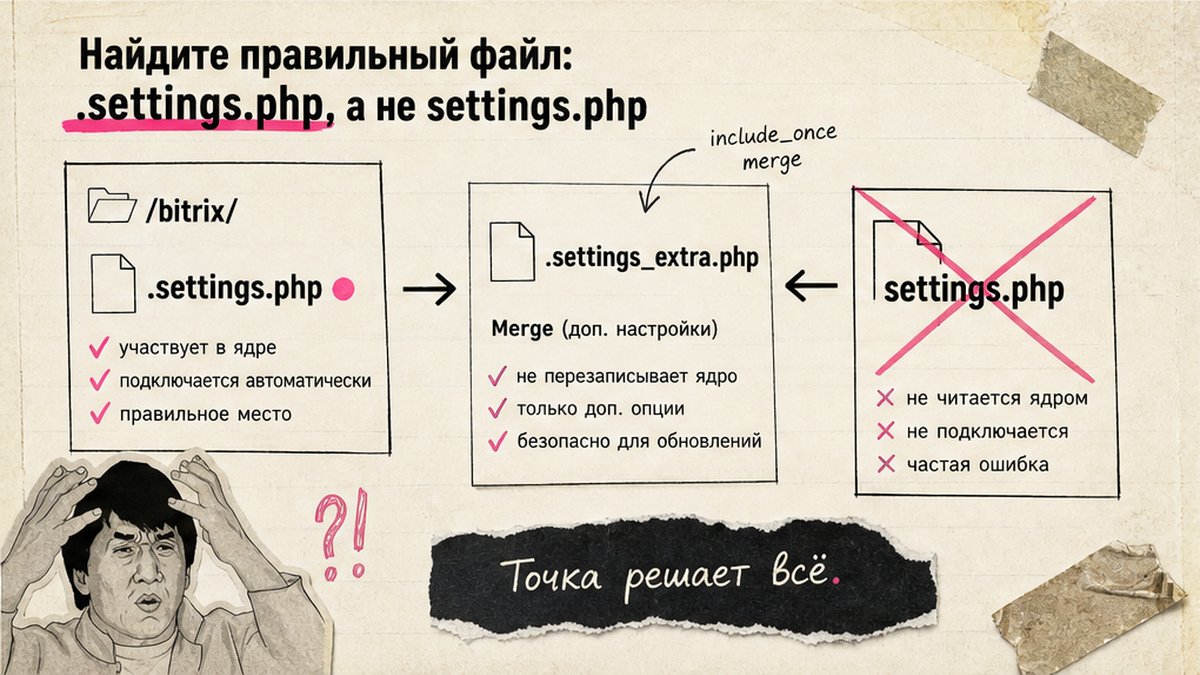 Схема: где искать .settings.php и .settings_extra.php в Битрикс, а не settings.php