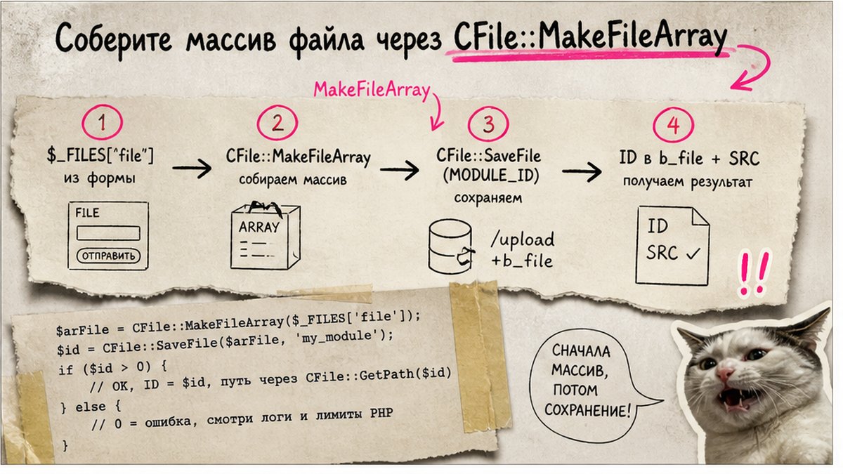 Схема workflow: $_FILES, MakeFileArray, SaveFile и ID в b_file