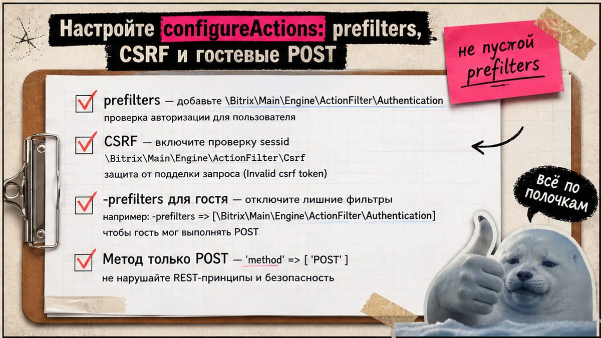 Чеклист configureActions: prefilters, CSRF и гостевые POST в Битрикс