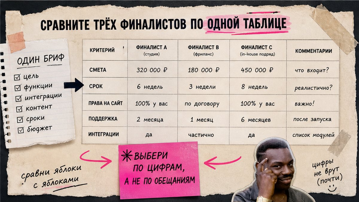 Таблица сравнения трёх подрядчиков по одному брифу: смета, срок, права
