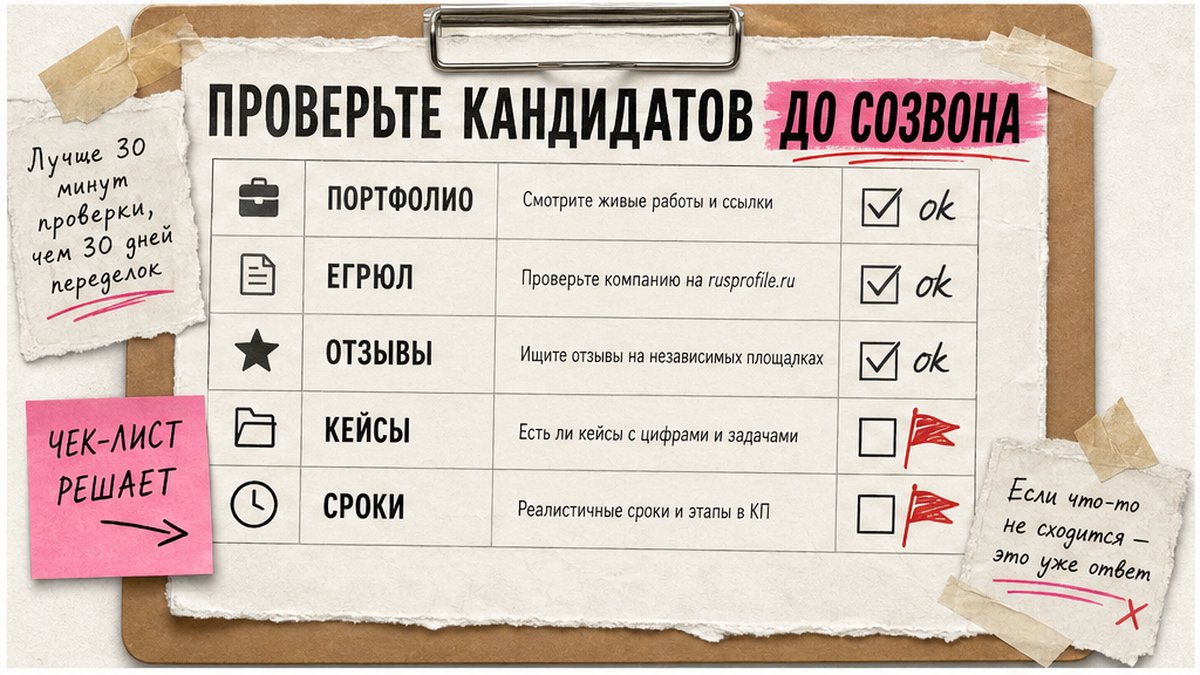 Чеклист проверки веб-студии до созвона: портфолио, ЕГРЮЛ, отзывы