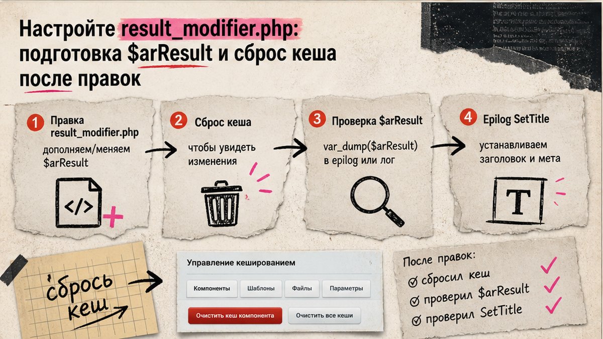 Схема workflow: правка result_modifier, сброс кеша и проверка $arResult