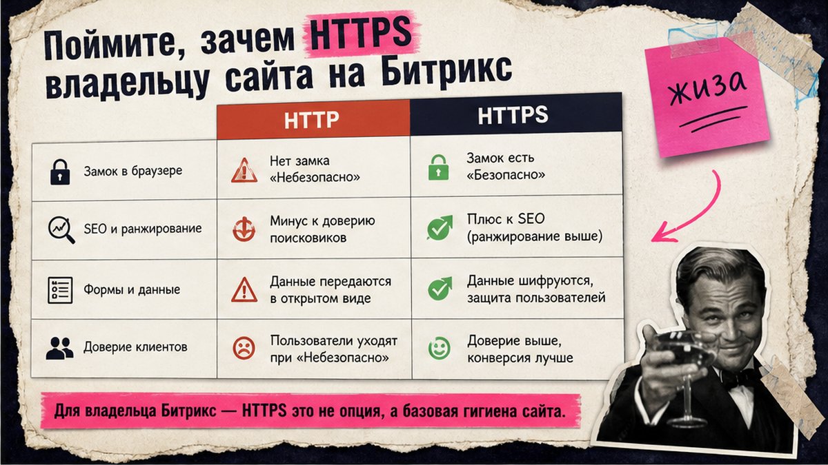 Сравнение HTTP и HTTPS для сайта на 1С-Битрикс: безопасность, SEO и доверие