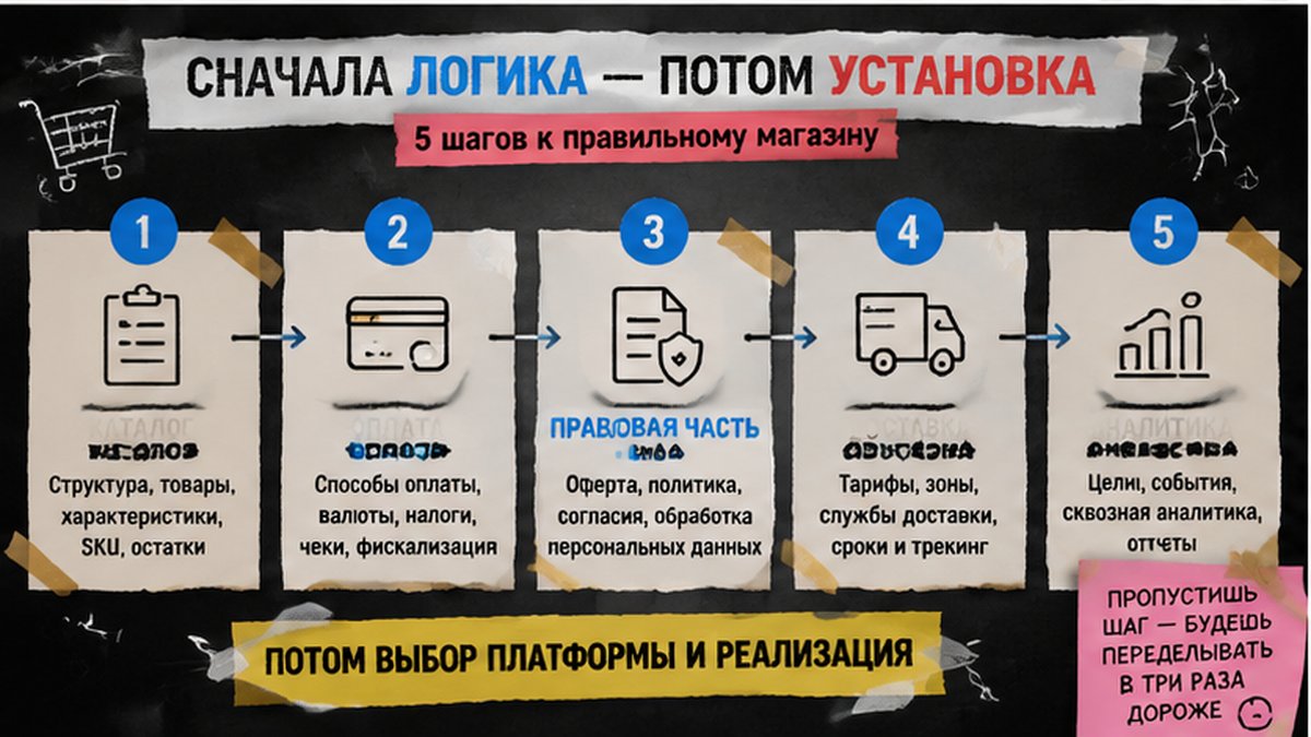 Схема подготовки каталога, оплаты и юридики до установки магазина