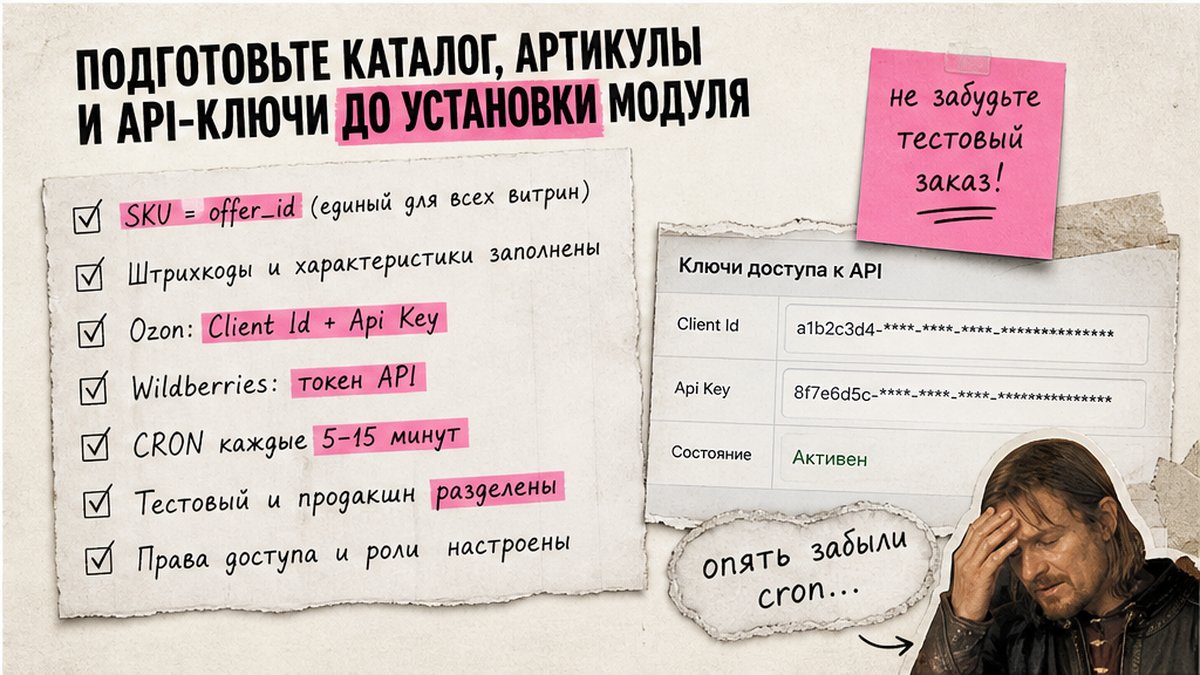 Чеклист подготовки: артикулы, API-ключи Ozon и Wildberries, cron