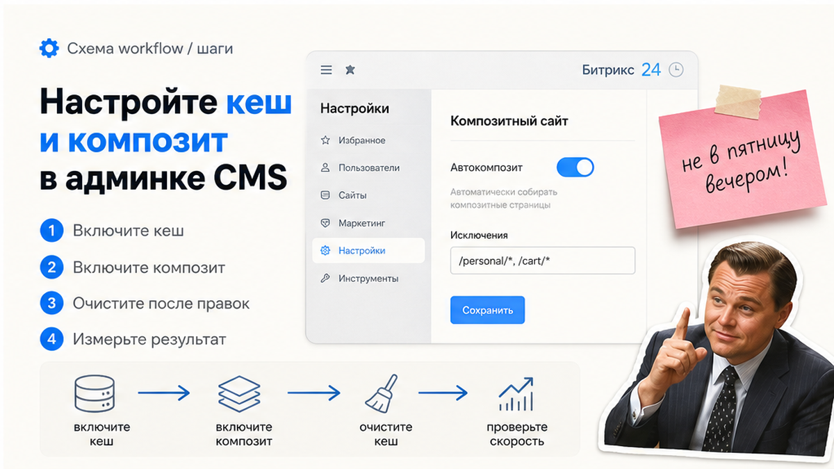 Композитный сайт Битрикс: автокеш в админке Настройки