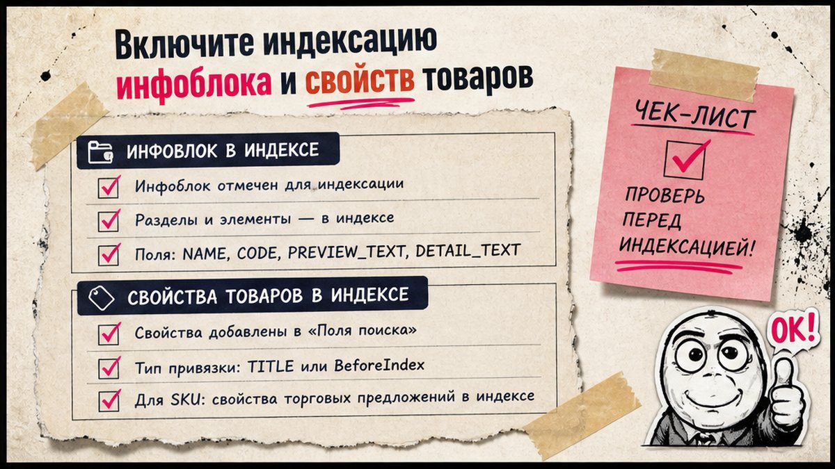Чеклист включения индексации инфоблока и свойств товаров в поиске Битрикс