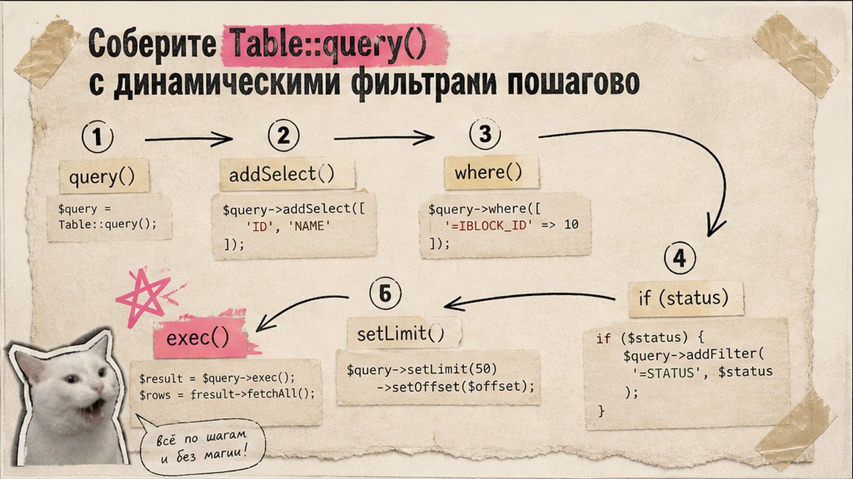 Workflow-схема сборки Table::query() с динамическими фильтрами в D7 ORM