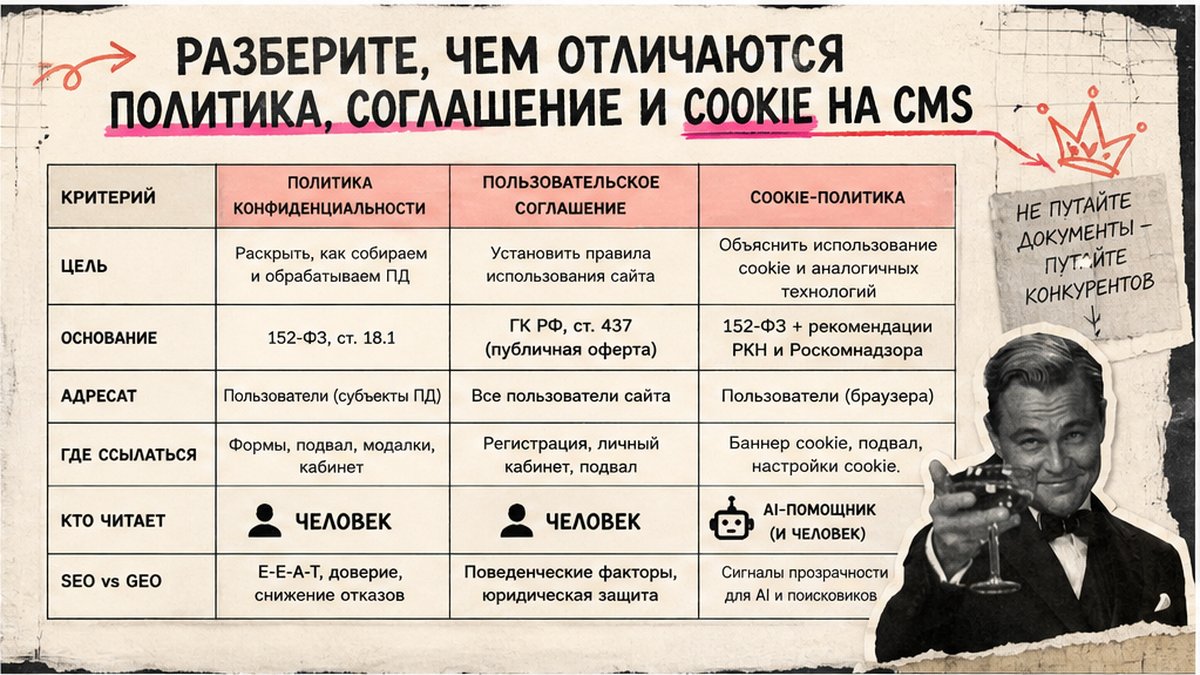 Сравнительная таблица / UI-мокап: Разберите, чем отличаются политика, соглашение и cookie на CMS