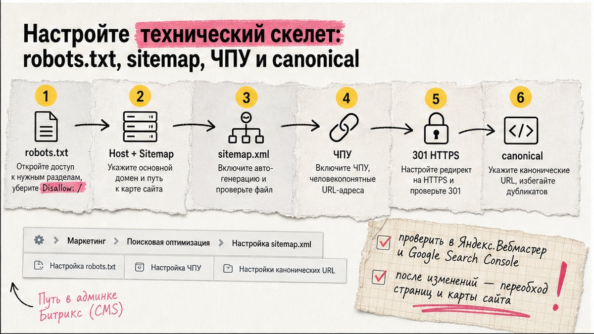 Схема технического SEO на Битрикс: robots, sitemap, ЧПУ, canonical