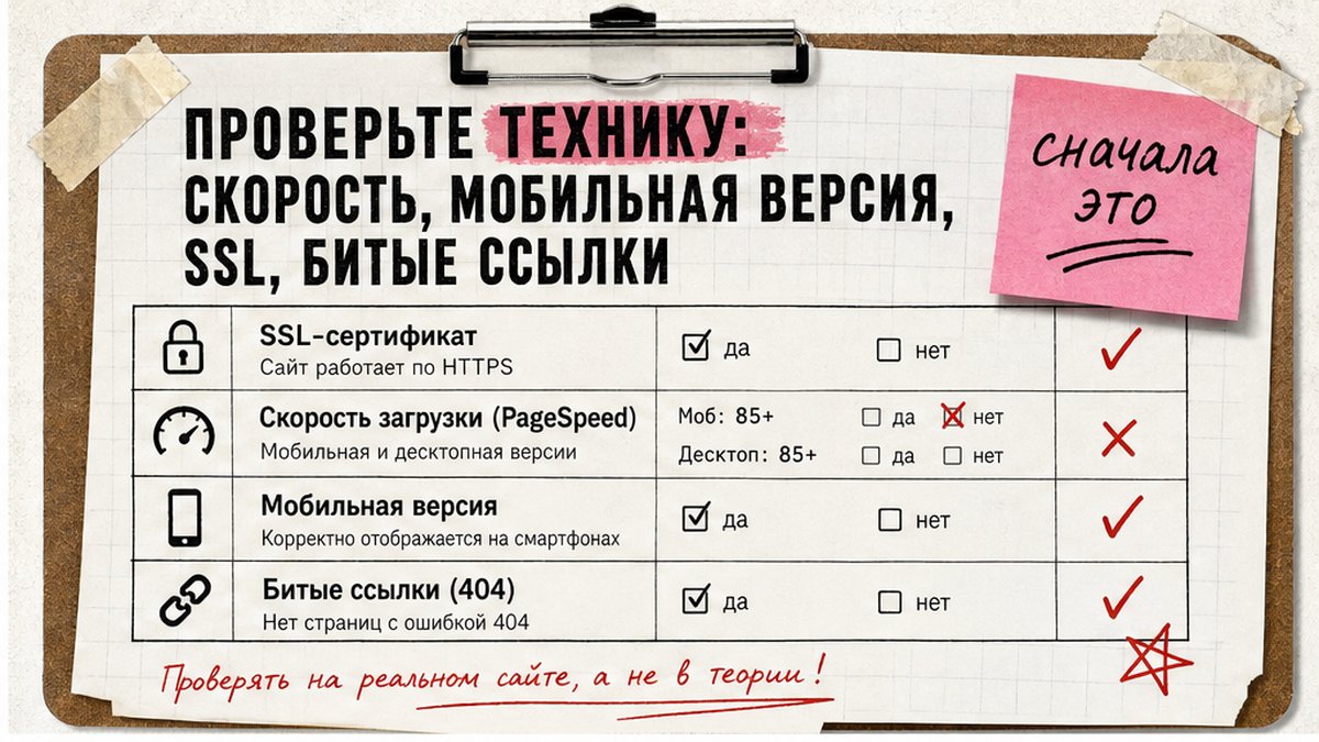 Чеклист технической проверки сайта: SSL, скорость, мобильная версия, битые ссылки