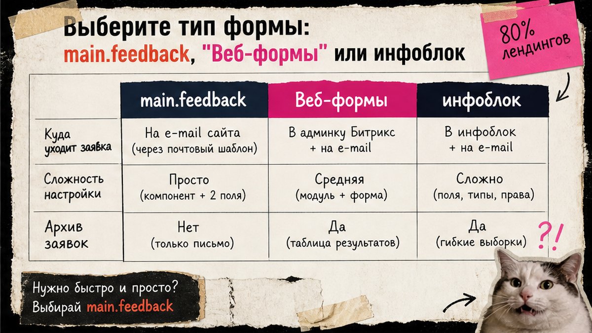 Сравнение main.feedback, модуля Веб-формы и инфоблока на Битрикс