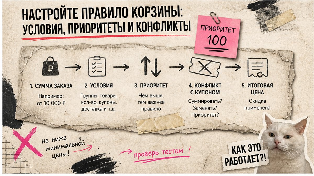 Схема настройки правила корзины: условия, приоритеты и конфликты скидок