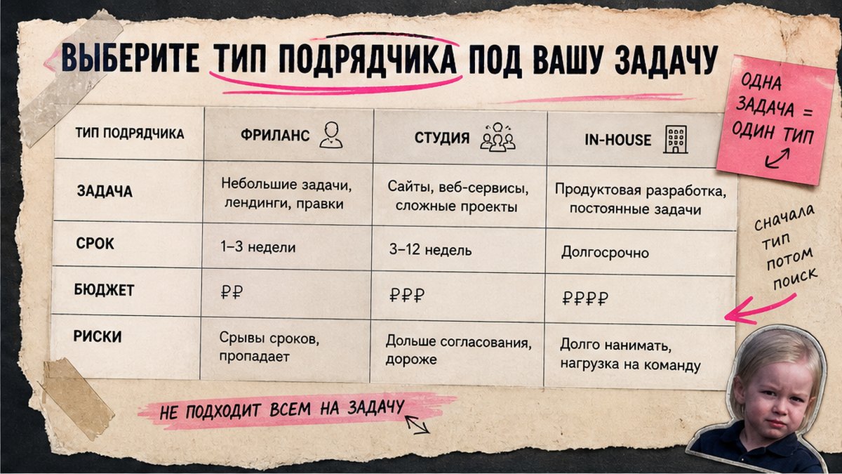 Таблица сравнения типов подрядчика: фриланс, студия, in-house