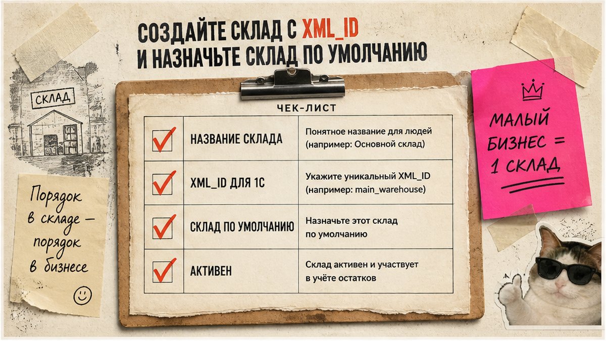 Чеклист создания склада с XML_ID и складом по умолчанию в Битрикс