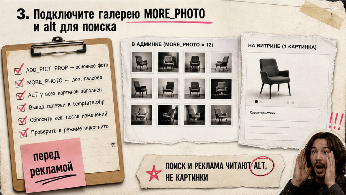 Чеклист подключения галереи MORE_PHOTO и alt перед запуском рекламы