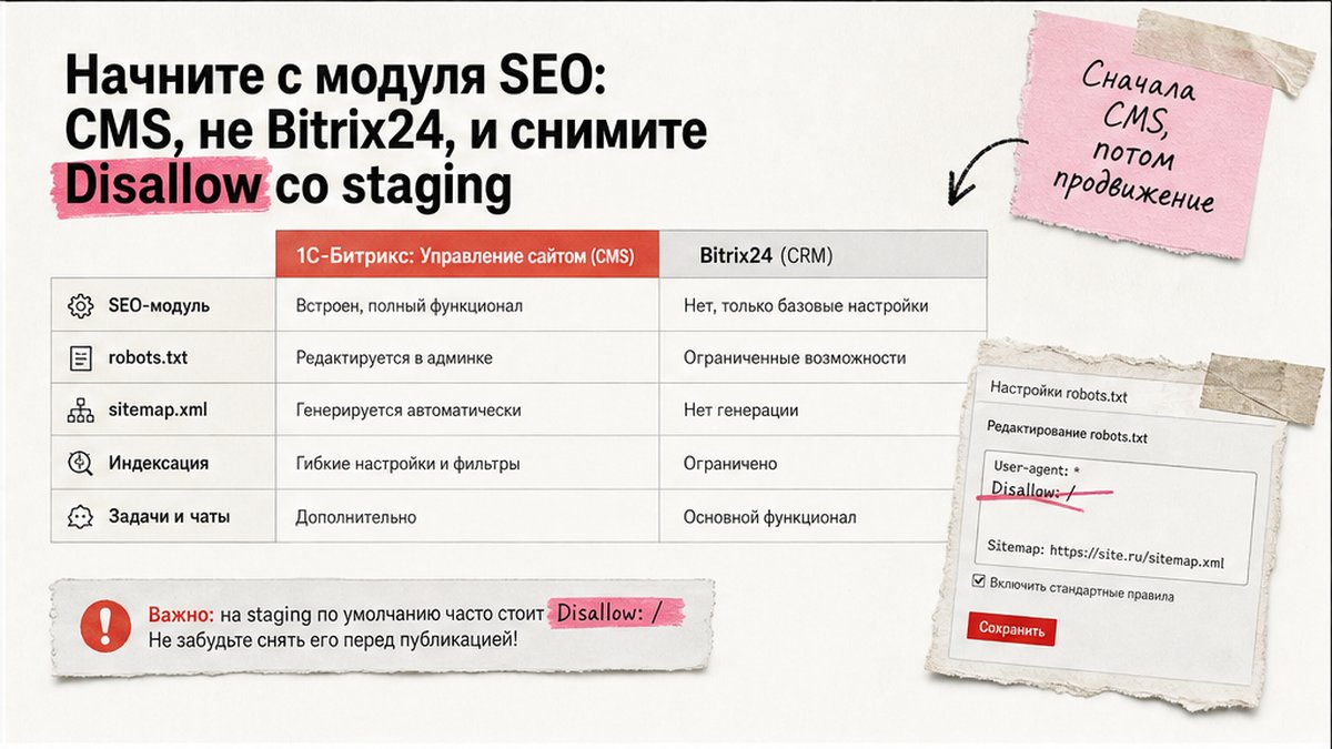 Сравнение 1С-Битрикс CMS и Bitrix24: где настраивать SEO и robots