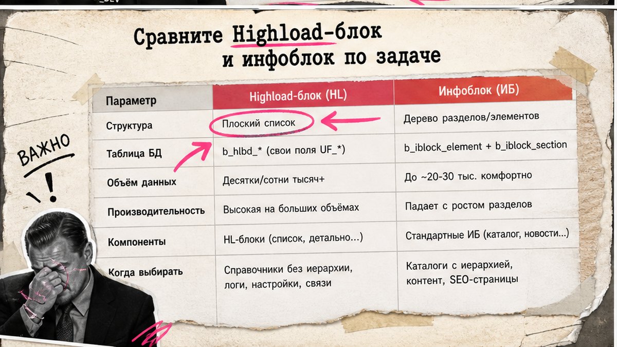 Сравнение Highload-блока и инфоблока: иерархия, таблица, объём данных, компоненты вывода