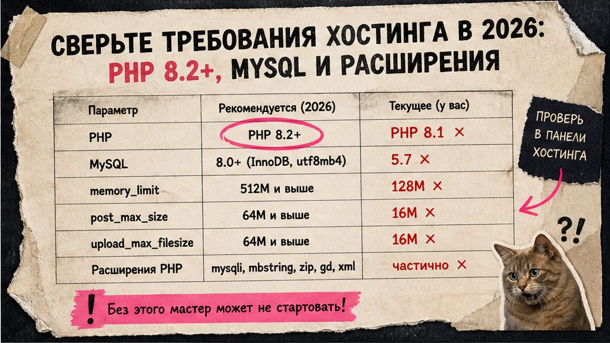 Таблица требований хостинга для 1С-Битрикс: PHP 8.2+, MySQL 8.0 и расширения PHP