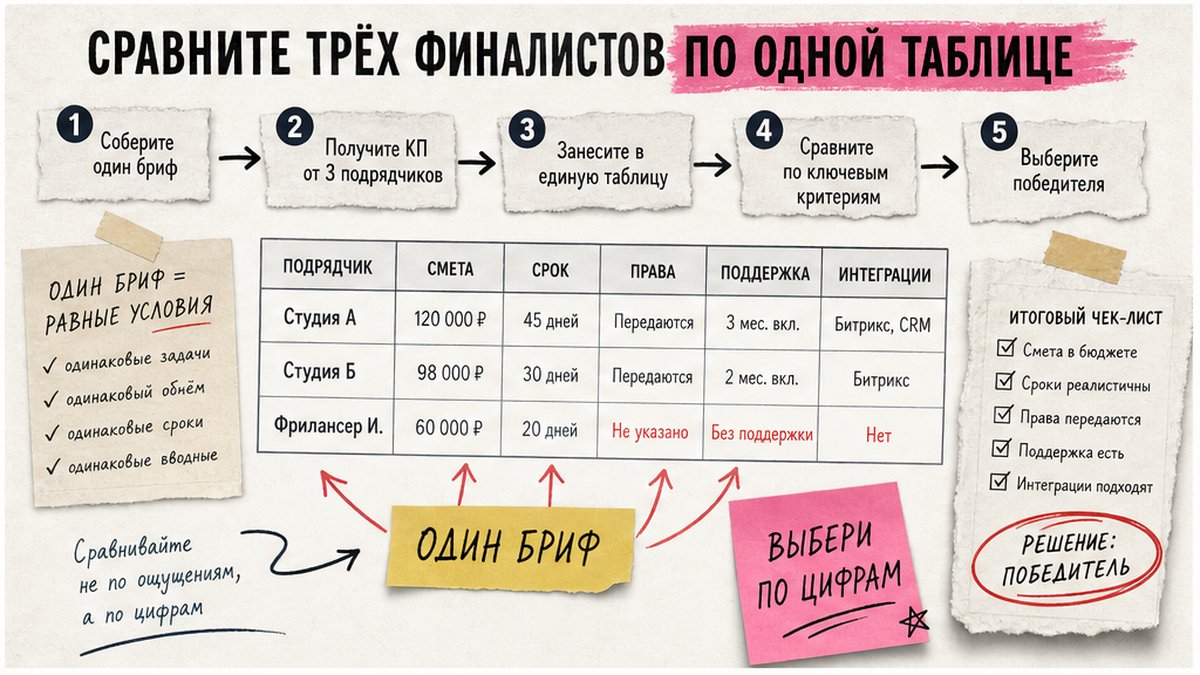 Таблица сравнения трёх подрядчиков по одному брифу: смета, срок, права