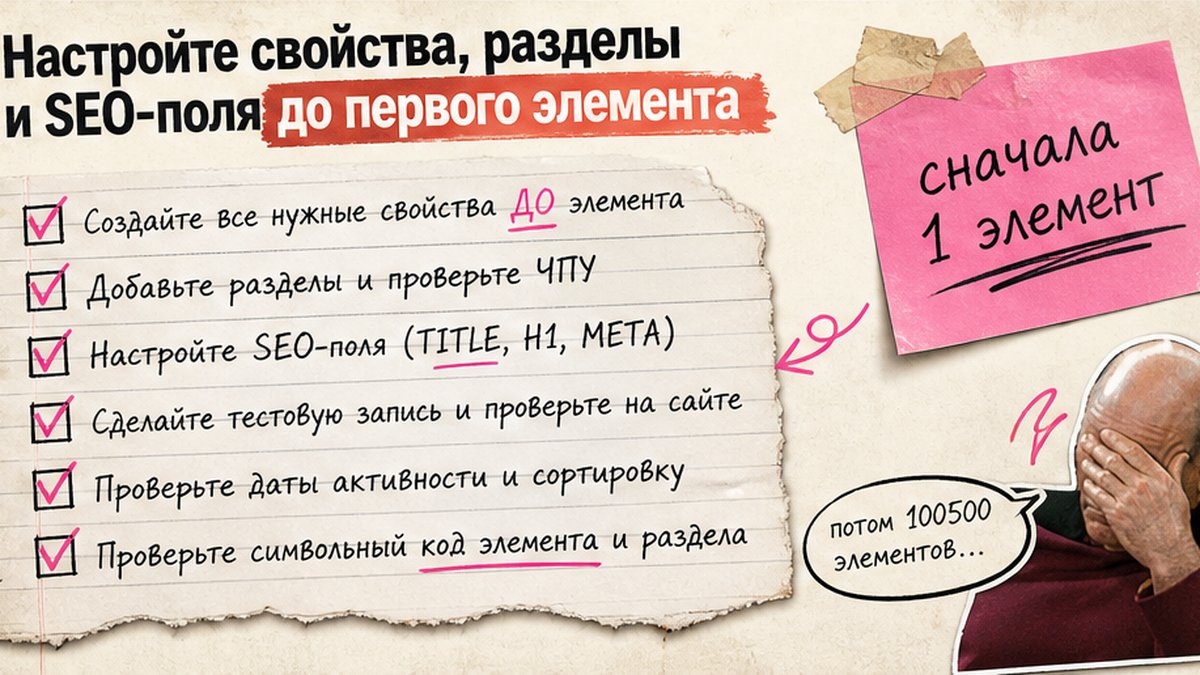 Чеклист настройки свойств, разделов и SEO-полей инфоблока до первого элемента