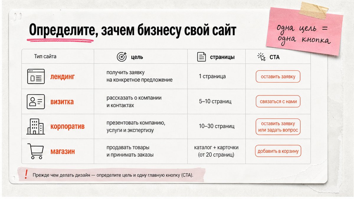 Таблица типов сайта для бизнеса: лендинг, визитка, корпоратив, интернет-магазин