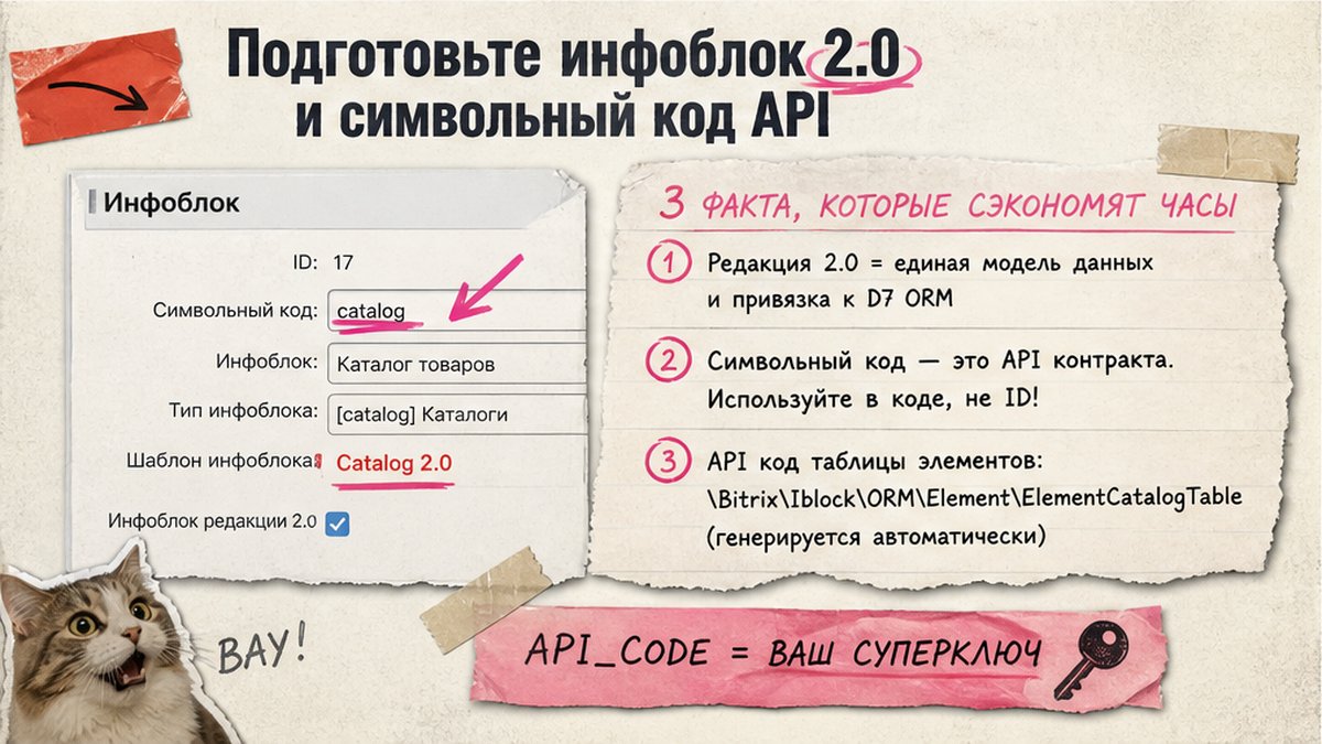 Инфографика: подготовка инфоблока 2.0 и символьного кода API для D7 ORM в Битрикс
