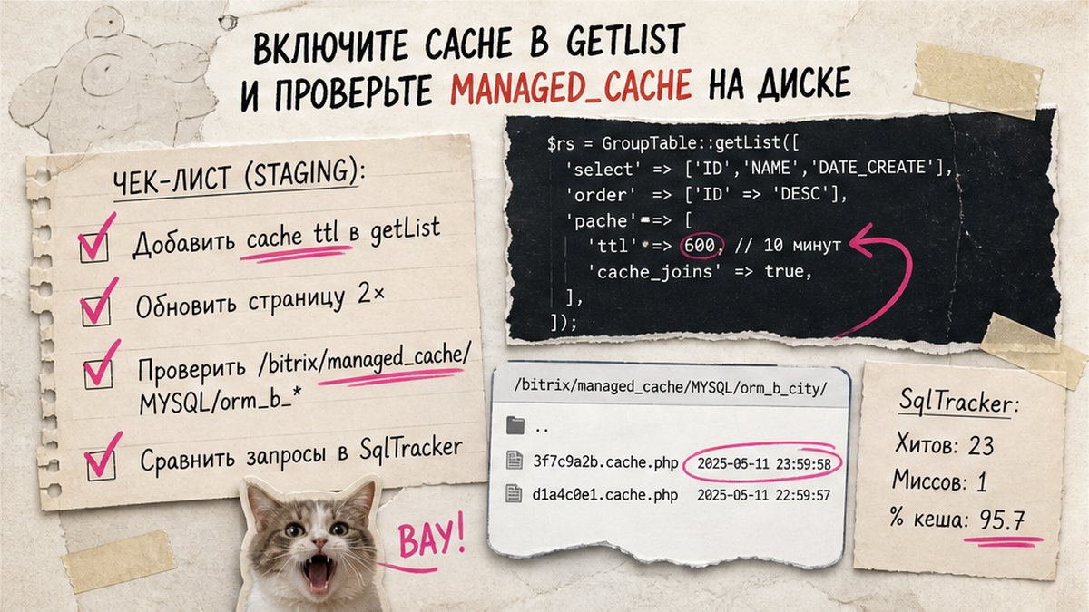 Чеклист включения ORM cache в getList и проверки managed_cache на диске
