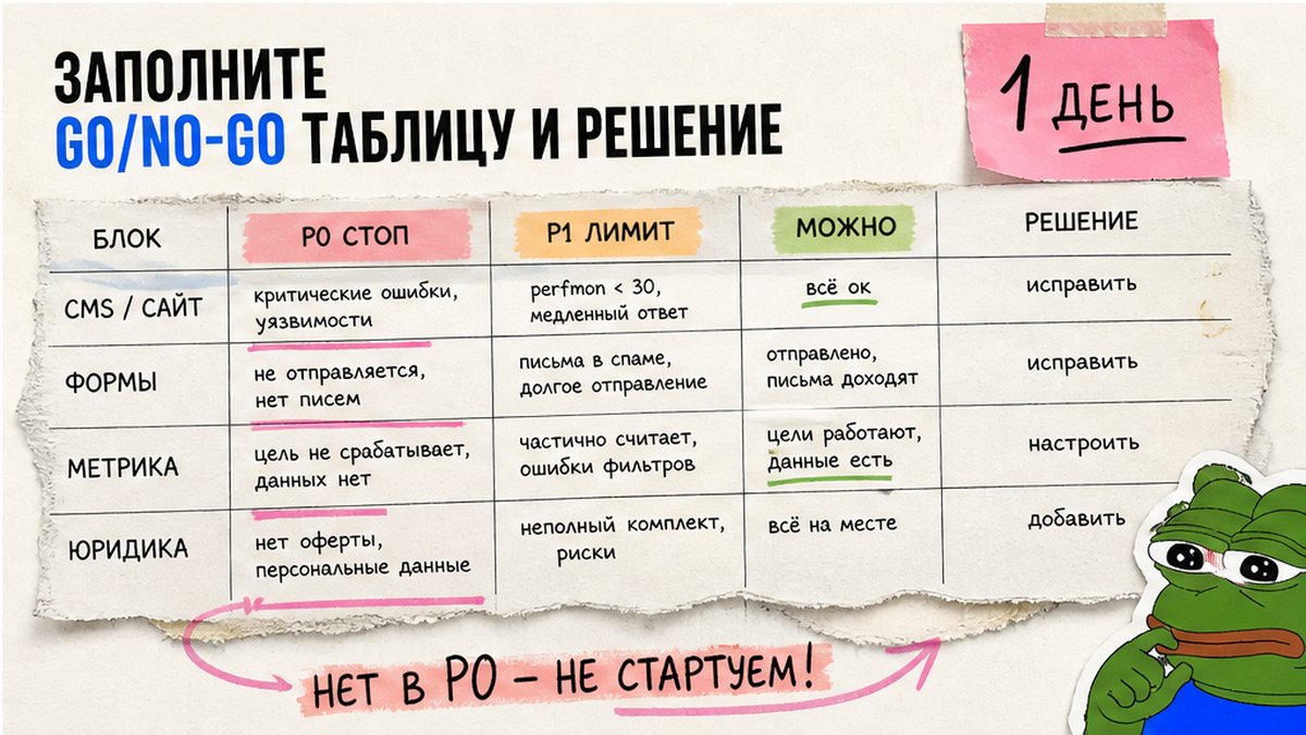Go no go перед Директом: таблица P0 стоп, P1 лимит бюджета, можно включать рекламу