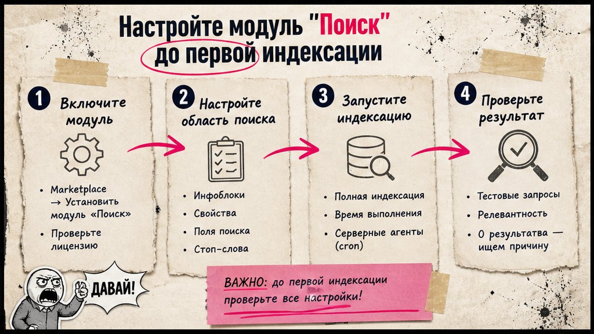 Схема настройки модуля Поиск 1С-Битрикс до первой индексации