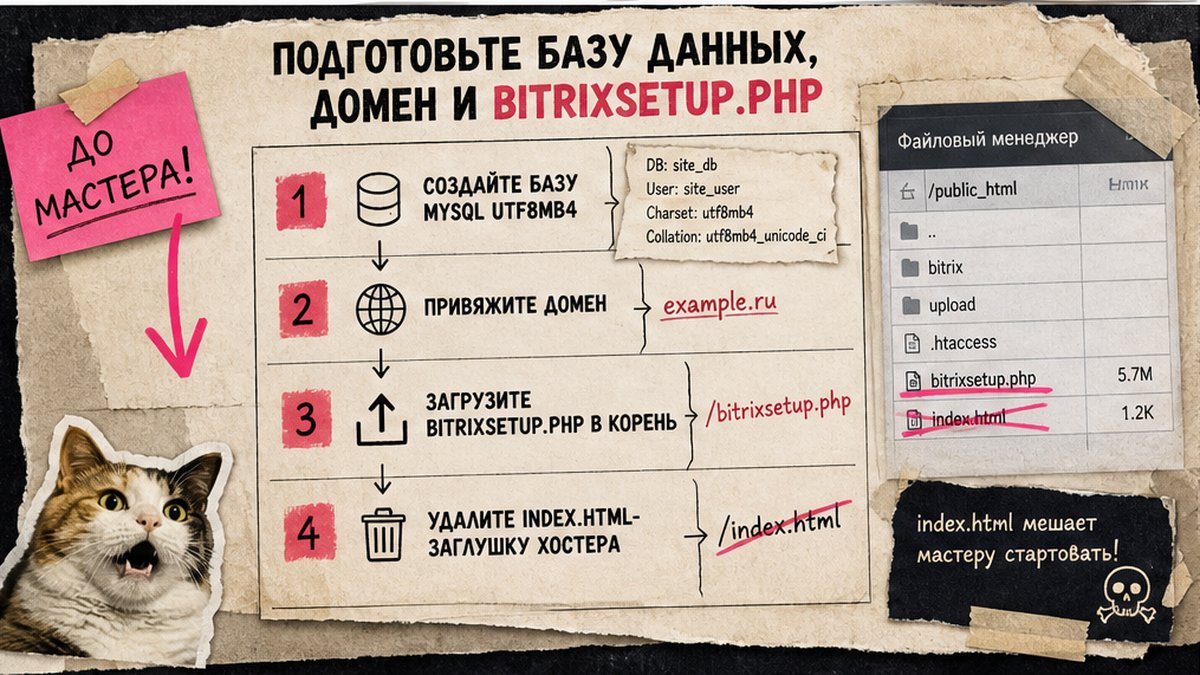 Схема подготовки: база MySQL, домен и загрузка bitrixsetup.php перед мастером