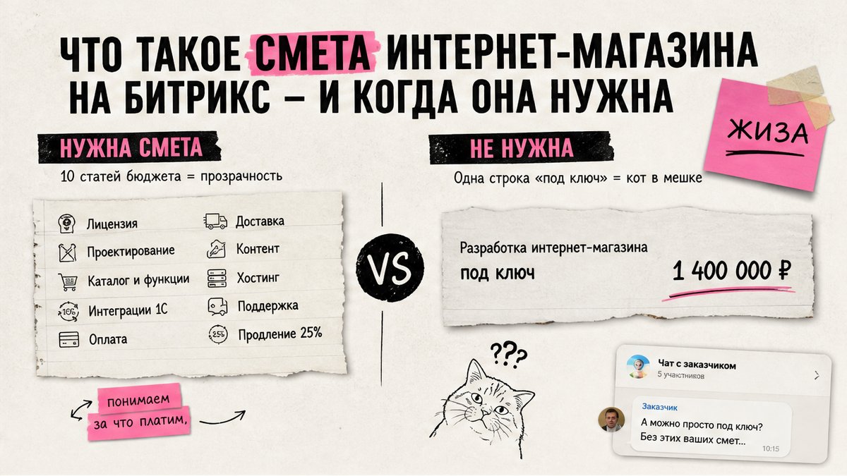 Сравнение: разборная смета из 10 статей vs одна строка «под ключ» в КП на магазин Битрикс