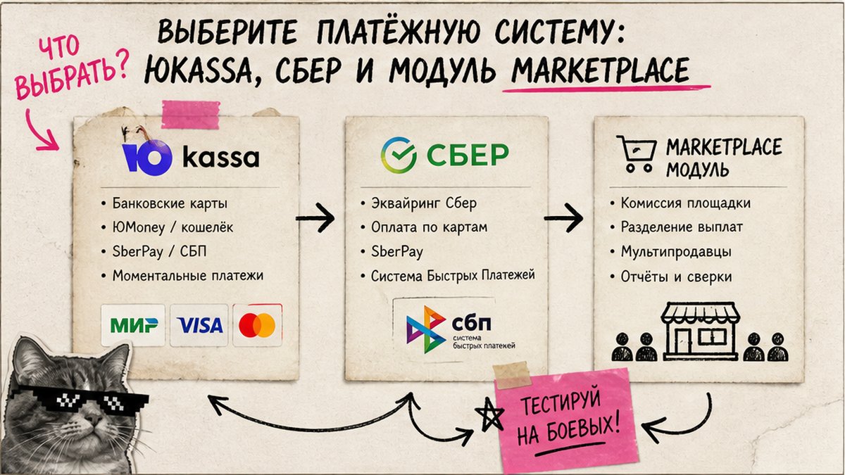 Схема выбора платёжной системы: ЮKassa, Сбер и модуль Marketplace для Битрикс