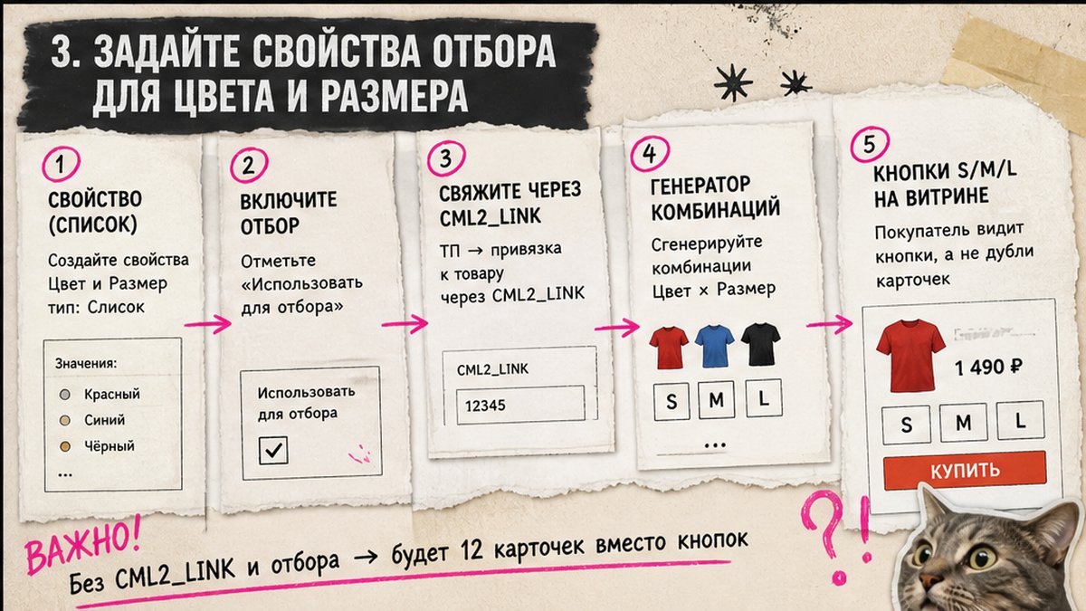 Workflow настройки свойств отбора цвета и размера для SKU