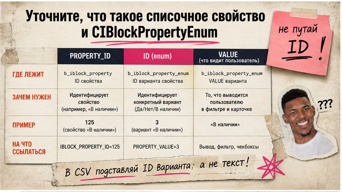 Таблица сравнения PROPERTY_ID, enum ID и VALUE для списочного свойства Битрикс